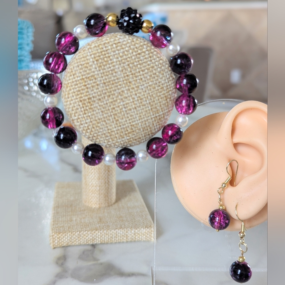 Elegant Purple and Black Beaded Bracelet and Earring Set